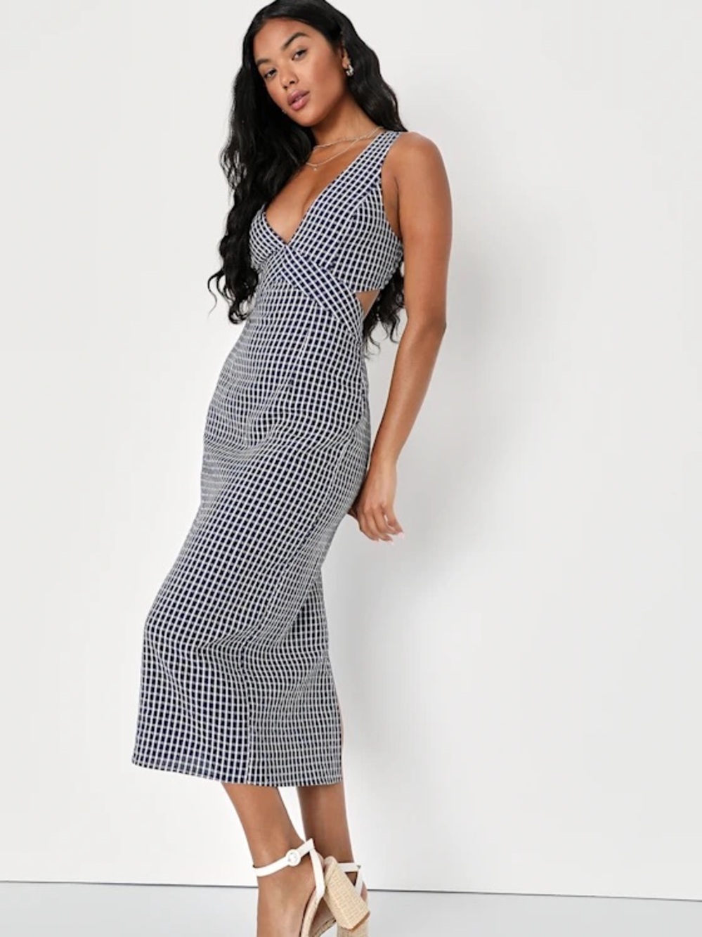 Charming Inspiration Navy Blue Gingham Backless Midi Dress